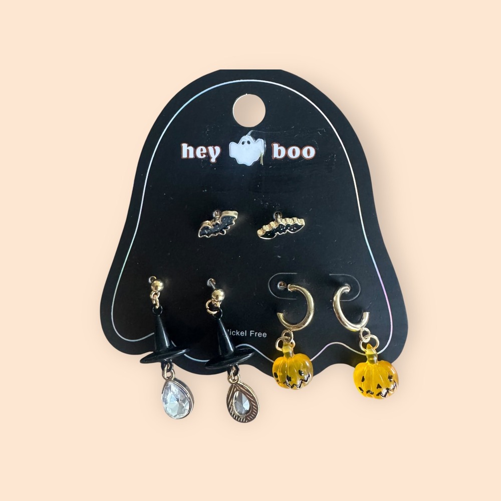 Hey Boo Halloween Earring Set 3 Pairs Bats Witch Hats Pumpkins‎ Nickel Free New